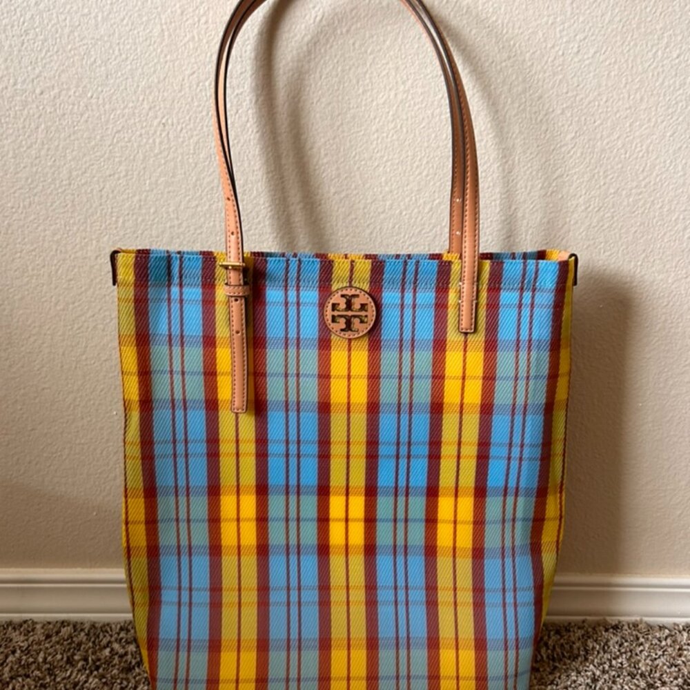 Tory Burch Emerson Mesh NS Market Tote Yellow Blue Beach Shoulder Bag